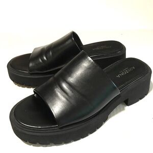 Arizona Y2K Chunky Platform Heel Sandal Black Faux Leather SlipOn Slide Sz-9